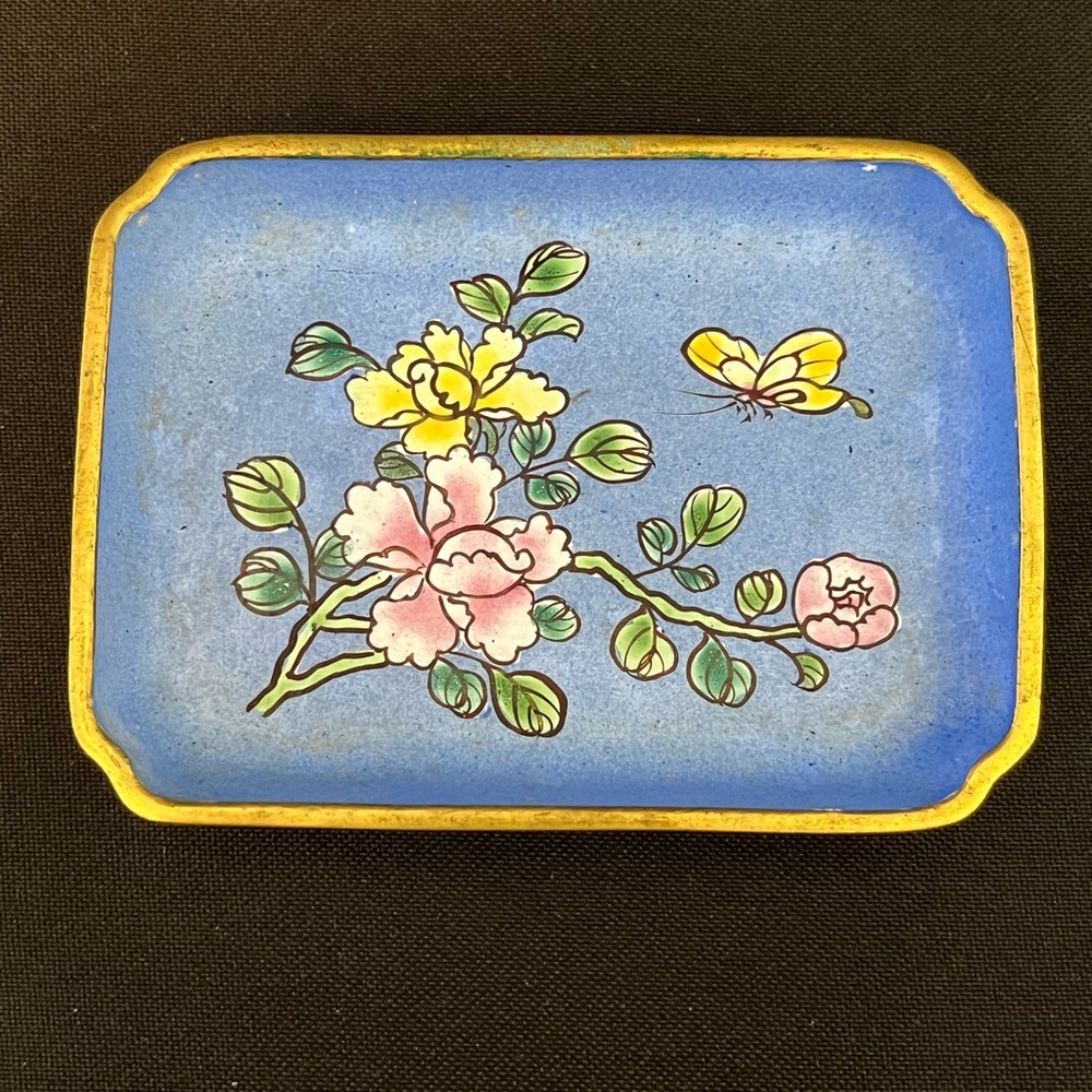 Lillian Vernon Blue Cloisonné Floral Trinket Dish
